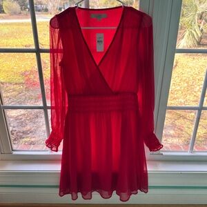 LOFT Red Long Sleeve Sheer Dress NWT XS
